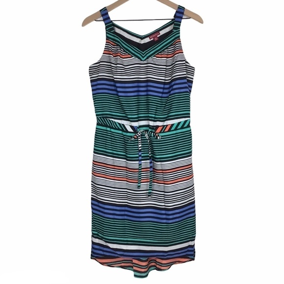 MERONA Sun Dress V Neck Hi Lo Drawstring Waist Stripe Sleeveless Size Small - Picture 1 of 11